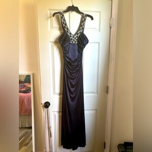 Navy blue formal dress with beaded neckline